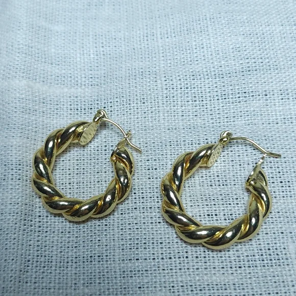 Vintage Gold Twist Twisted Hoop Earrings Modernist Wavy Chunky - Picture 6 of 7